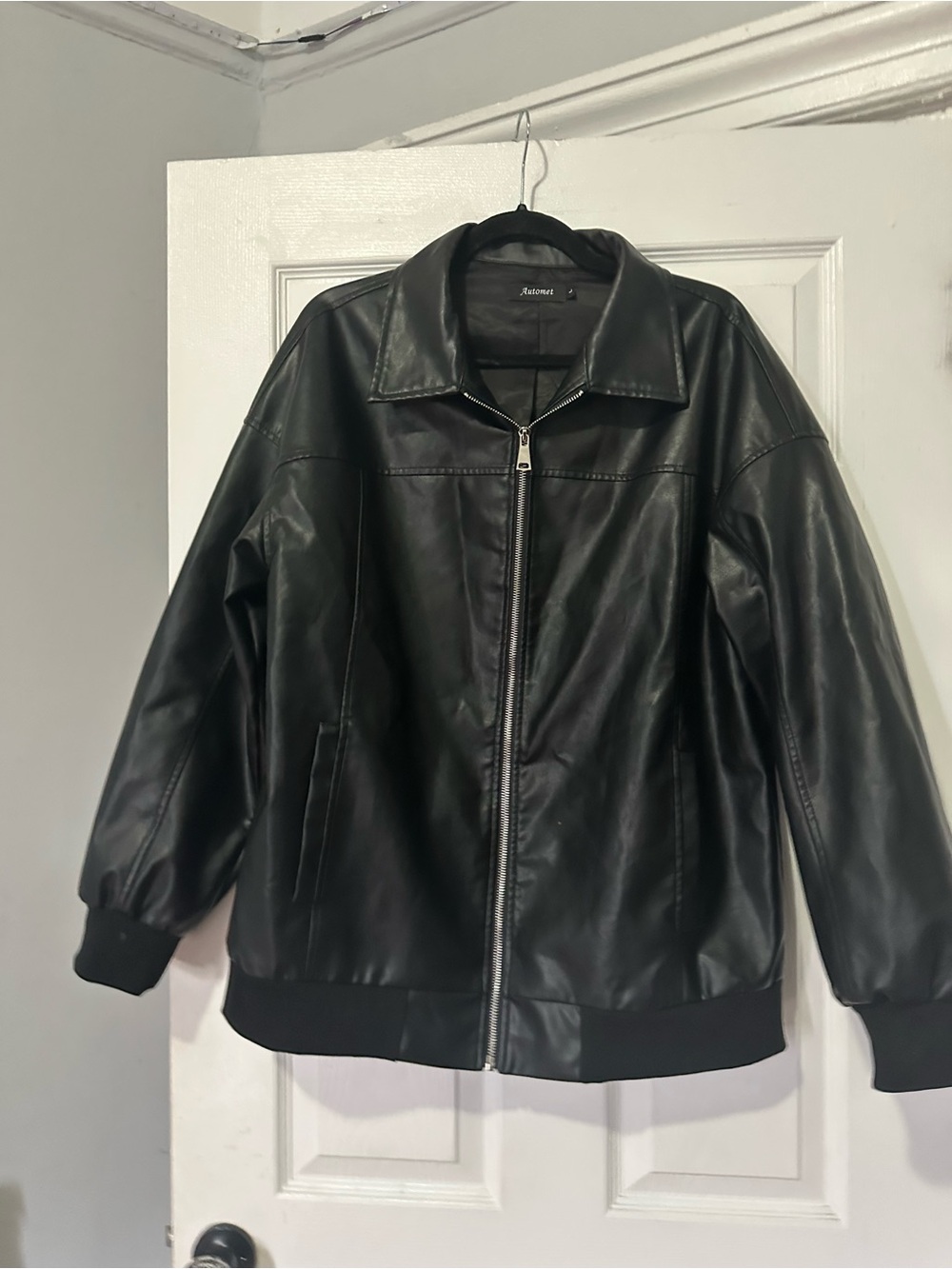 Unisex Black Vegan Oversized Leather Zip Jacket